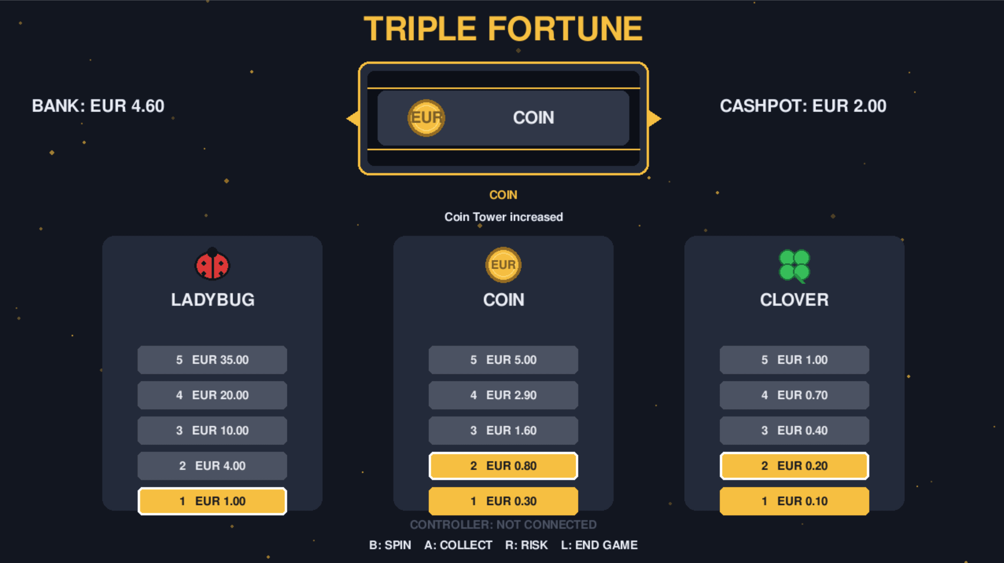 Triple Fortune main game screen with reels, prize towers, and cashpot.